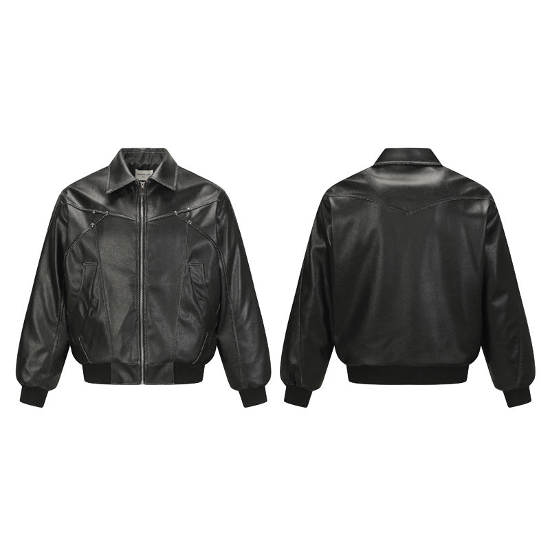 Style Deconstructed Patchwork Cracked PU Leather Notch Lapel Jacket Men Street Vintage Casual Cool Autumn Outerwear eprolo