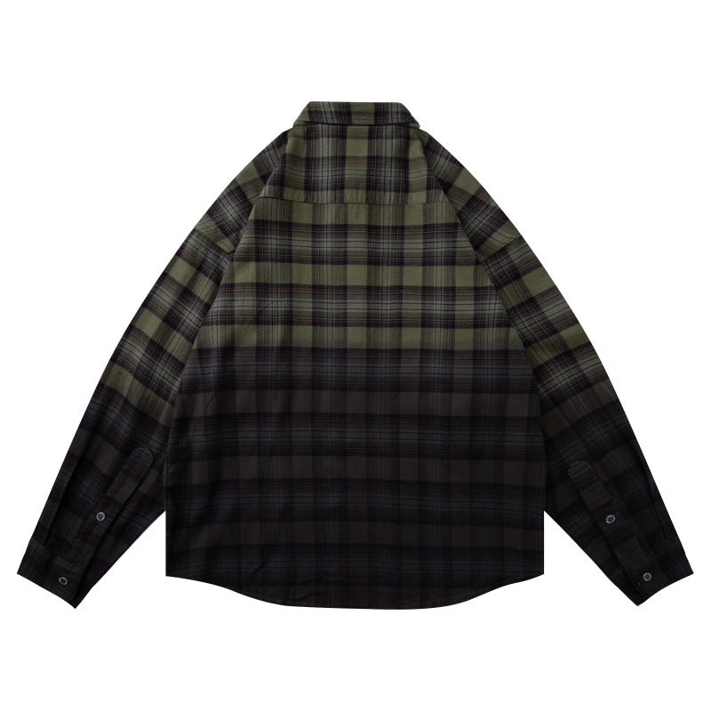 Gradient Dyed Loose Half-Open Chest Long Sleeve Plaid Shirt Men eprolo