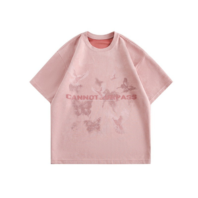 Butterfly letter printed suede short sleeved T-shirt for men eprolo