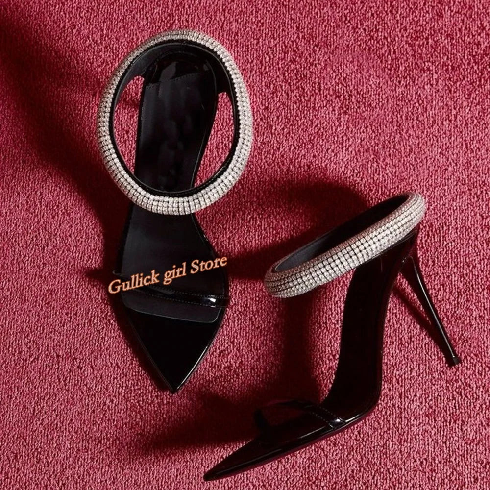 Top Quality Crystal Strap Stiletto Sandals Sexy Pointed Toe Black Patend Leather Slip On Fashion   Summer New Arrivals Shoes eprolo