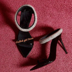 Top Quality Crystal Strap Stiletto Sandals Sexy Pointed Toe Black Patend Leather Slip On Fashion   Summer New Arrivals Shoes eprolo