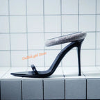 Top Quality Crystal Strap Stiletto Sandals Sexy Pointed Toe Black Patend Leather Slip On Fashion   Summer New Arrivals Shoes eprolo