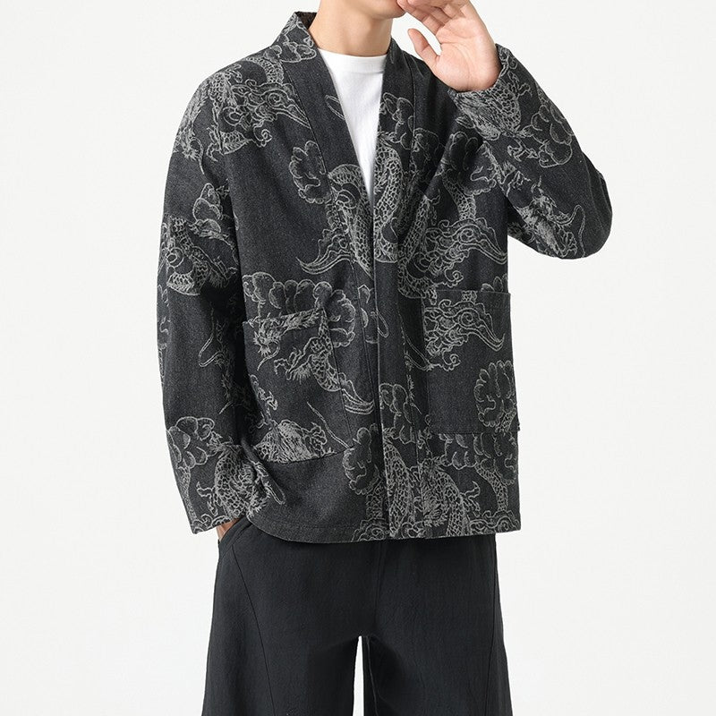 Style Loose Fit Denim Jacket with Dragon Robe Print for Men eprolo