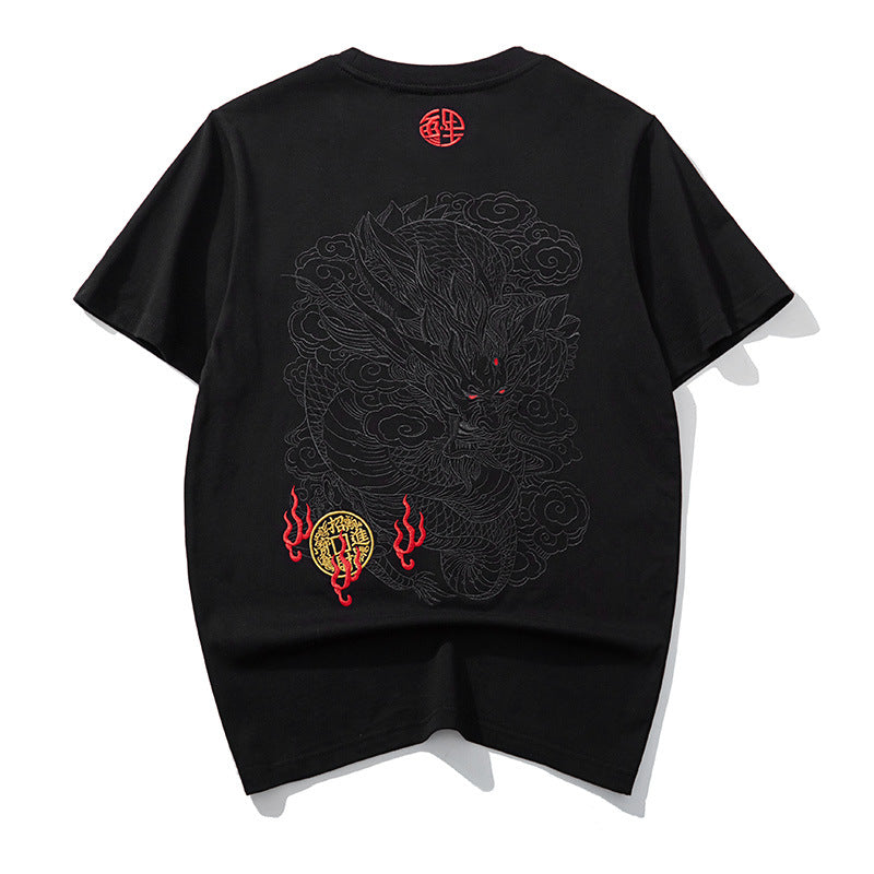 Black thread embroidery dragon pattern short sleeved T-shirt round neck pure cotton breathable top for men's fashion eprolo