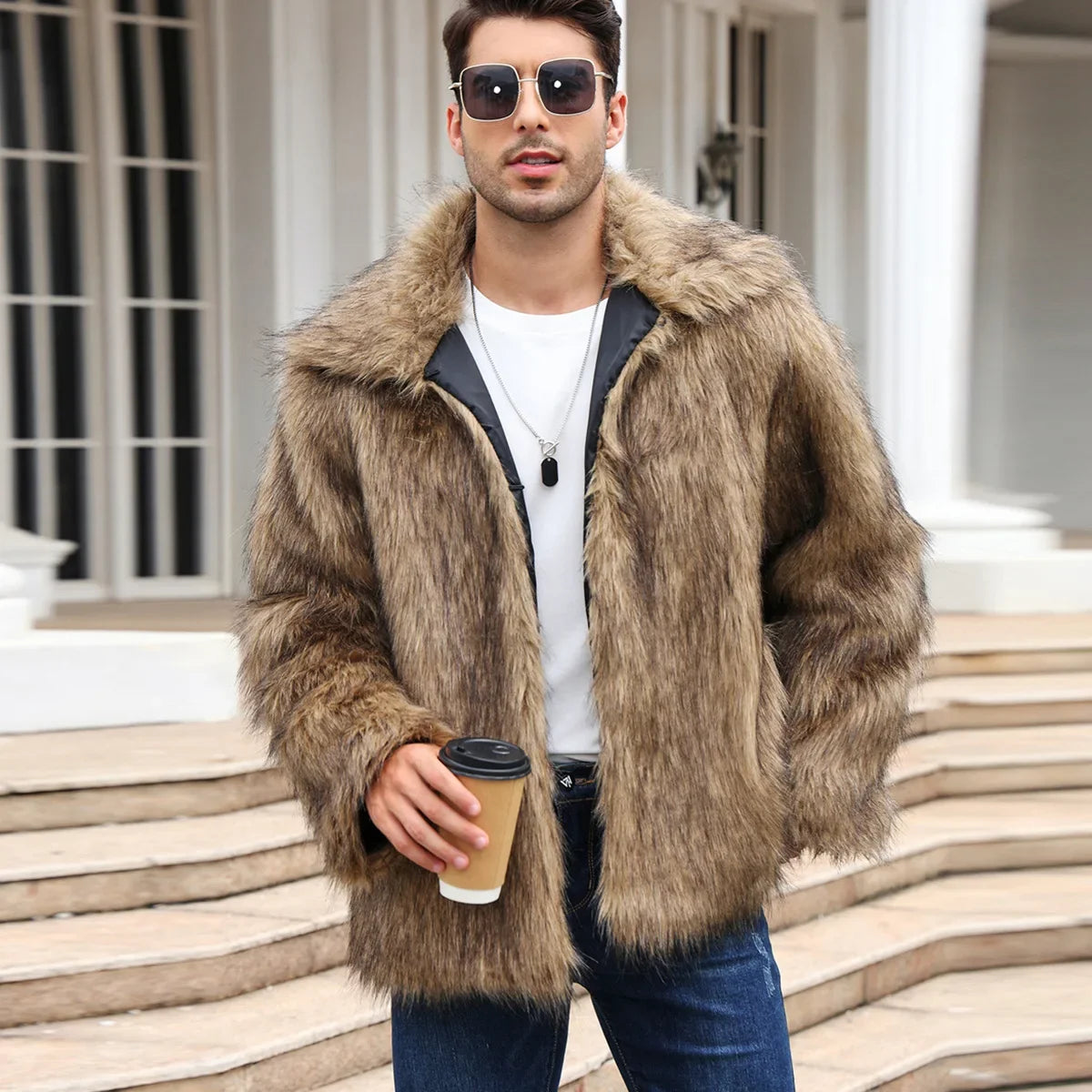 Men Faux Fox Fur Jacket Coat Winter Thick Fluffy Long Sleeve Lapel Warm Shaggy Outerwear Luxury Fur Jacket Bontjas Jackets Mens eprolo