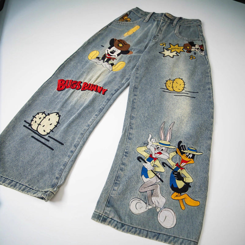Style Casual Cartoon Embroidered Washed Denim Pants for Men, Loose Fit, College Style, Wide Leg, Couple Pants eprolo