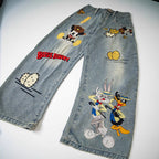 Style Casual Cartoon Embroidered Washed Denim Pants for Men, Loose Fit, College Style, Wide Leg, Couple Pants eprolo