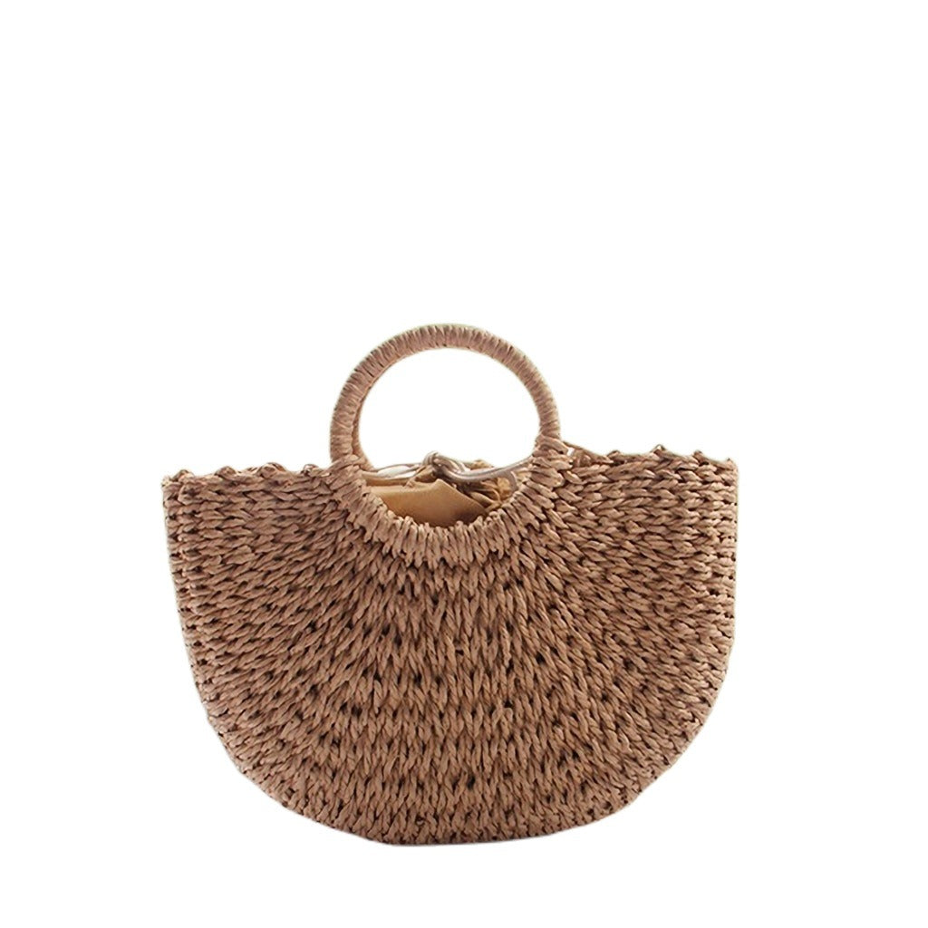 Medium straw woven semi-circular handbag, moon bag, leisure vacation double circular handle woven tote bag eprolo