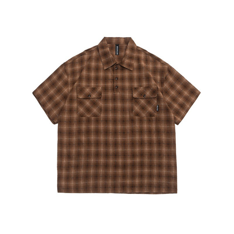 Double patch pocket design texture plaid loose short sleeved shirt for men eprolo