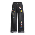 Retro Fun Graffiti Print Straight Jeans with Detachable Dog Pendant Wide Leg Pants for Men and Women eprolo