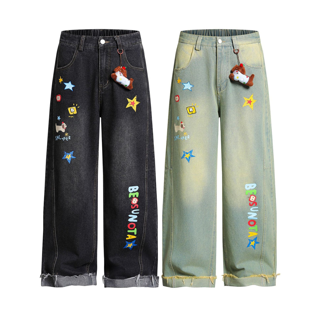 Retro Fun Graffiti Print Straight Jeans with Detachable Dog Pendant Wide Leg Pants for Men and Women eprolo
