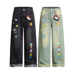 Retro Fun Graffiti Print Straight Jeans with Detachable Dog Pendant Wide Leg Pants for Men and Women eprolo