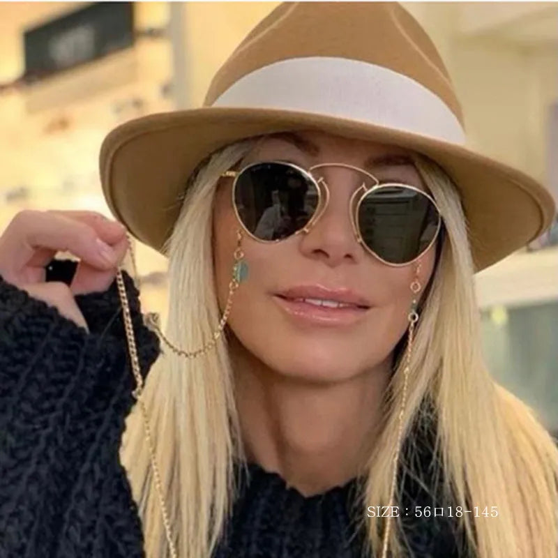 Brand Design Fashion Round Metal Sunglasses Retro Ladies Glasses Classic Luxury Driving Oval Travel Eyewear With Chain eprolo