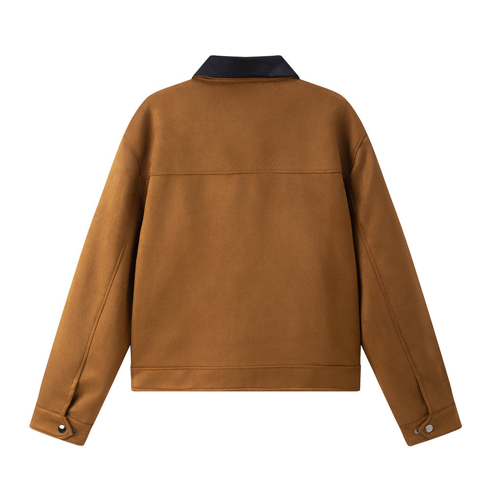 Retro Color-Block Notched Collar Workwear Short Jacket with Rivet Design and Double-Headed Zipper for Men eprolo