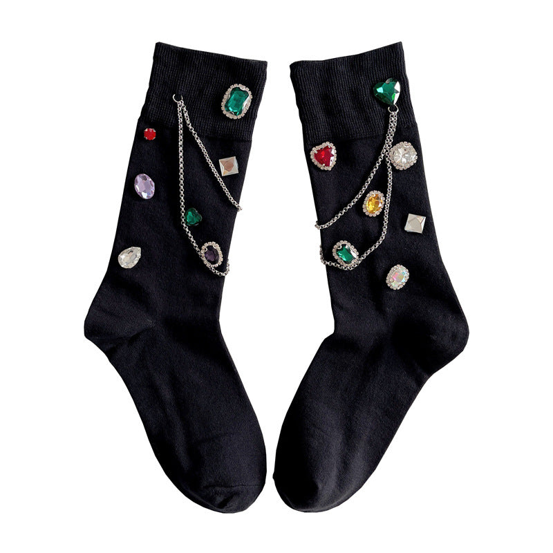 Summer and Spring European Luxury Love Diamond Black Chain Middle Tube Stacked Socks eprolo