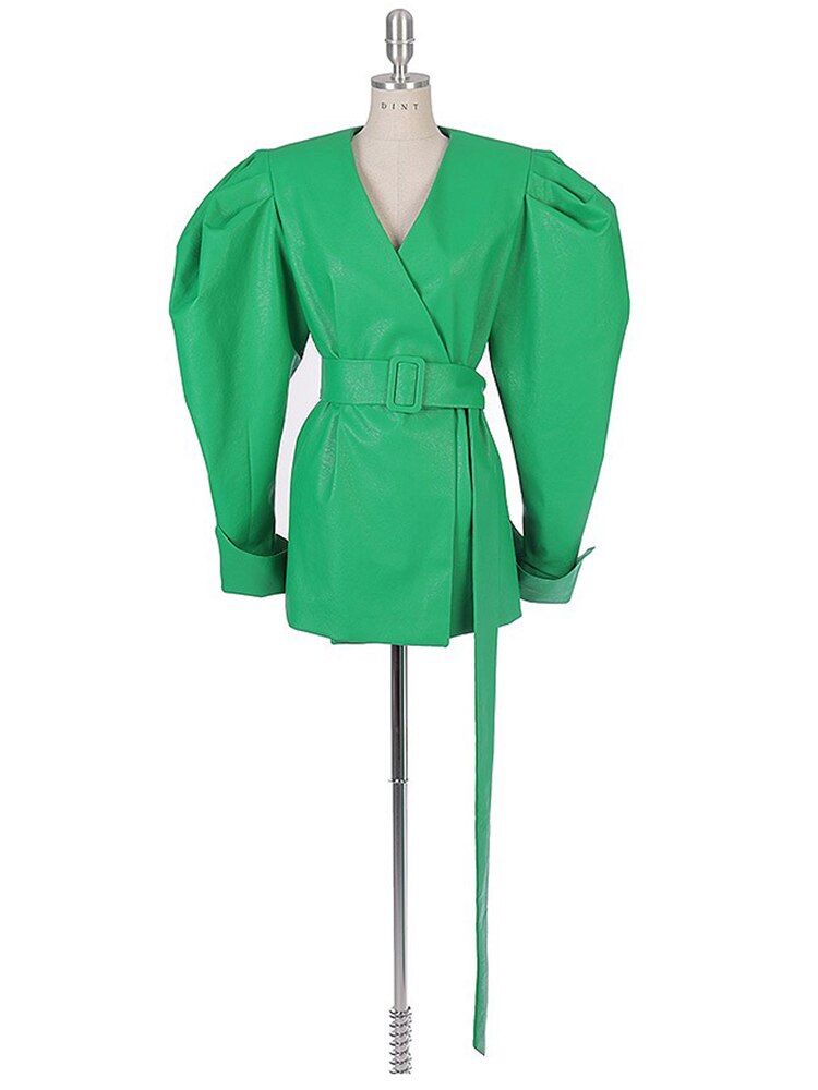 Lautaro Spring Green Pu Leather Jackets for Women with Puff Long Sleeve Belt Runway Stylish Luxury Designer Clothes eprolo