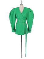 Lautaro Spring Green Pu Leather Jackets for Women with Puff Long Sleeve Belt Runway Stylish Luxury Designer Clothes eprolo