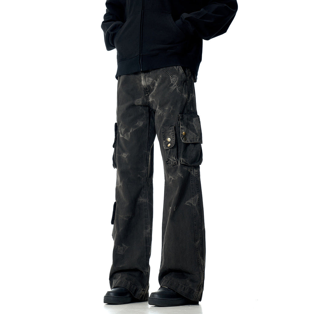Heavyweight Multi-Pocket Tie-Dye Design Denim Trousers Straight Leg for Men and Women eprolo