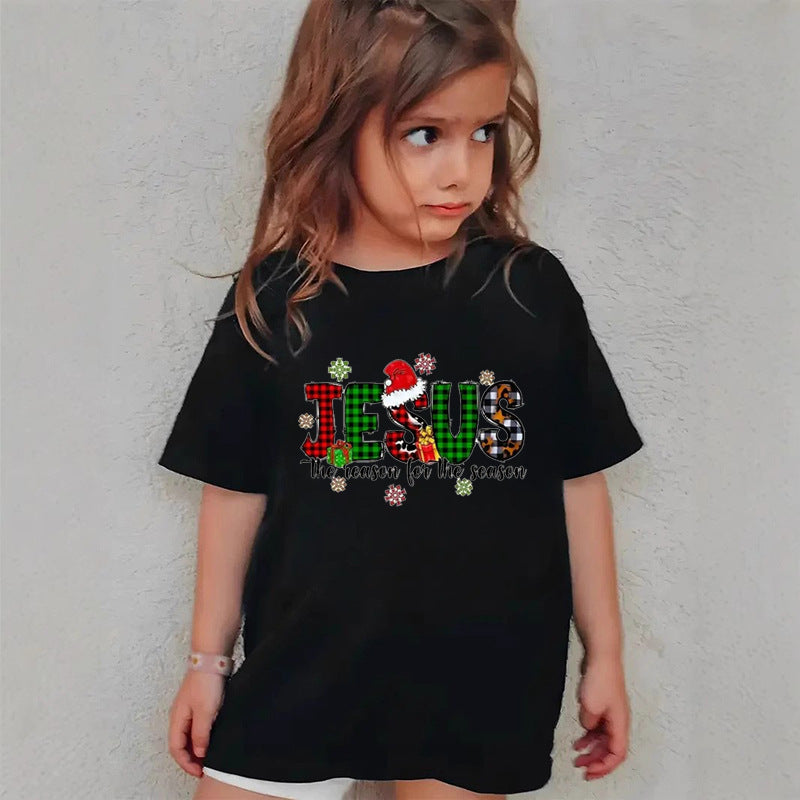 Combed Cotton New Christmas Children's Short Sleeve Girls' T-Shirt Kids Clothing Boys' Short Sleeve eprolo
