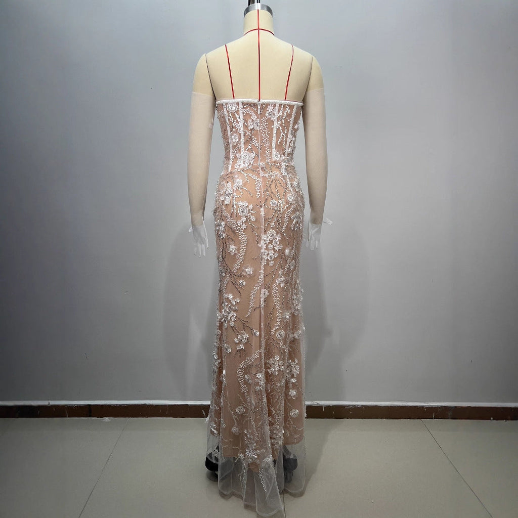 High-Quality Fashion Design Strapless Floral Decorated Boned Casual Long Mesh Bodycon Dress eprolo