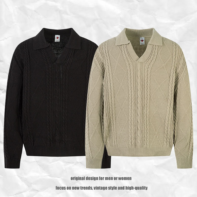 Cable Knit Collar Sweater Men Loose Fit Versatile Old Money Style Knit Top eprolo
