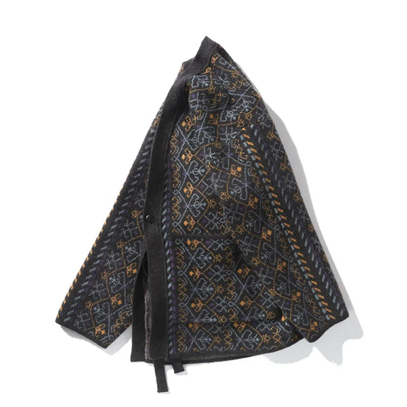 Men Vintage Jacquard Knit Taoist Robe Sweater Cardigan Sweatercoat Japanese Streetwear Loose Causal Knitted Sweater Jacket Men eprolo
