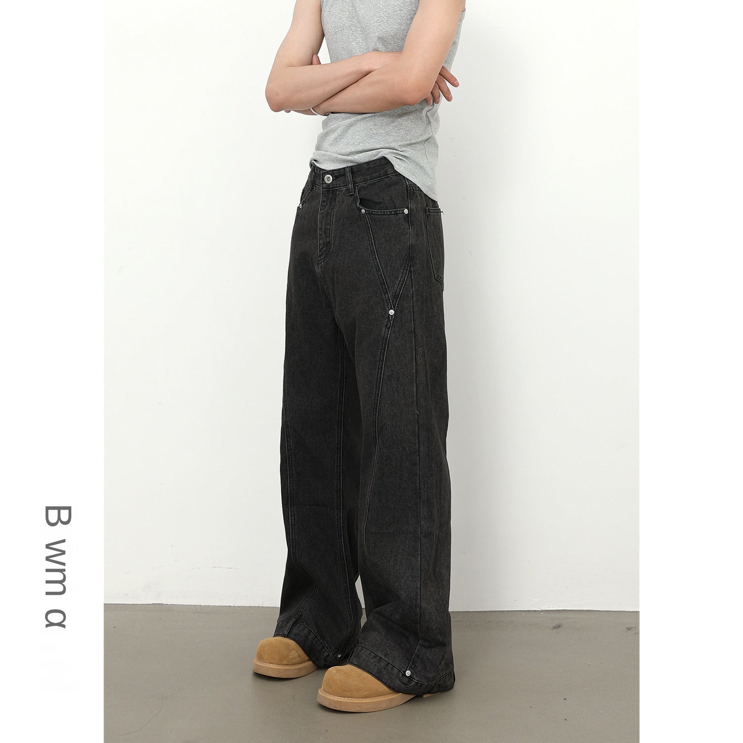 Retro Spliced Beaded Denim Trousers for Men with Loose Flared Straight Leg Design eprolo