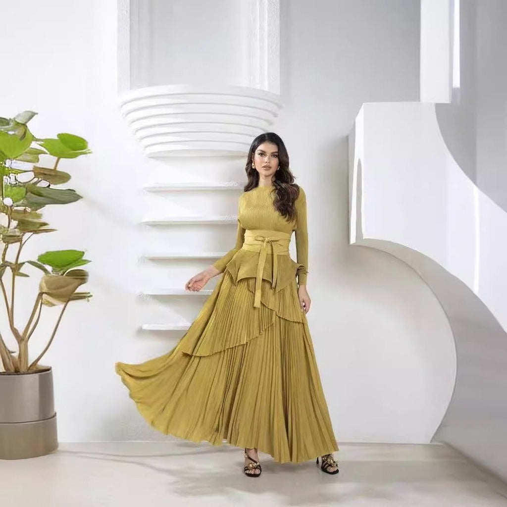 Wrinkled Irregular Lantern Skirt+Long Swing Skirt Set New Solid Color Two Piece Set eprolo