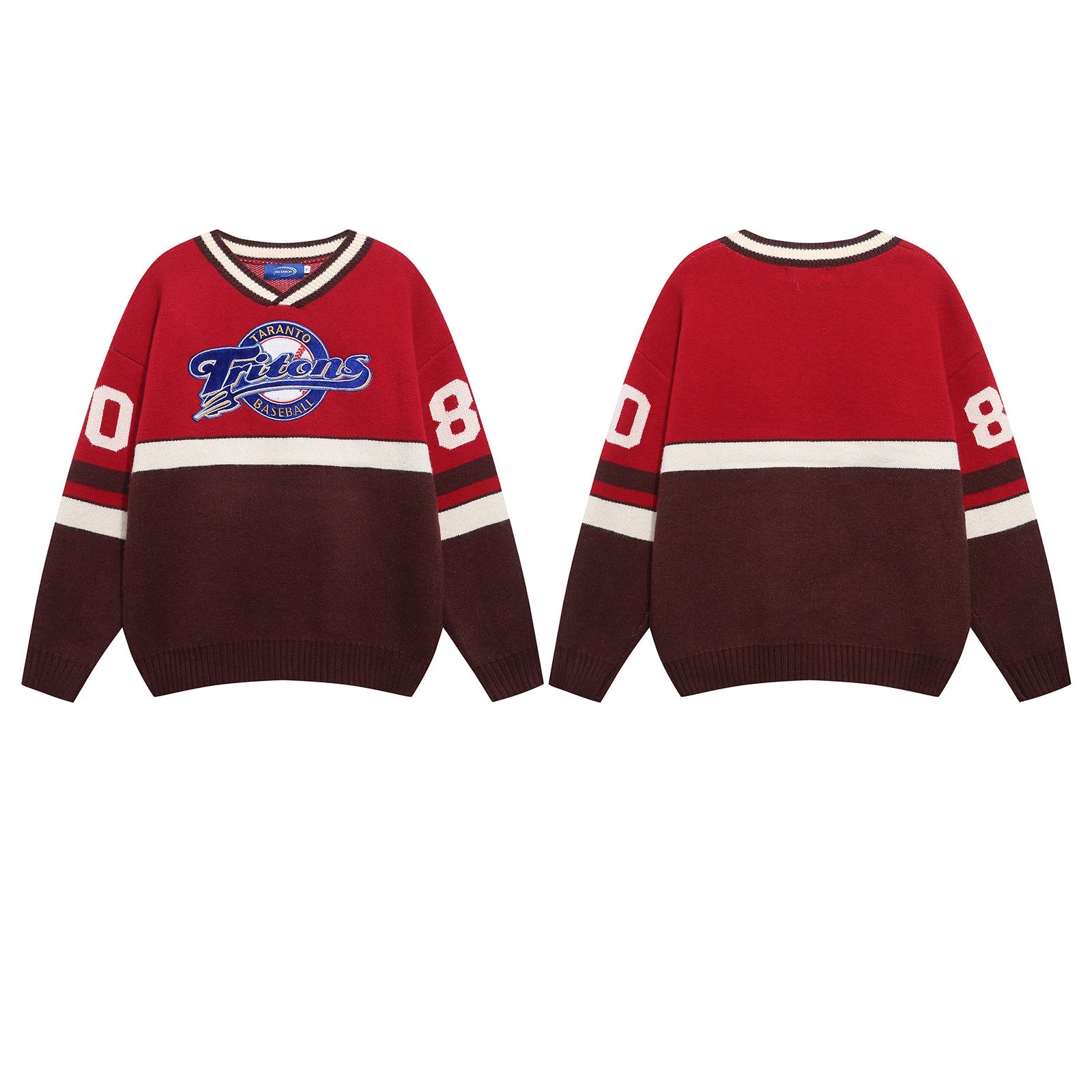 Vintage Color-block Letter Embroidery Couple V-neck Sweater Lazy Oversized Knitwear for Men and Women eprolo