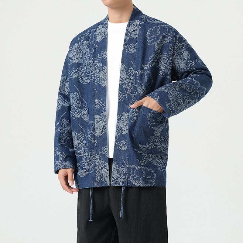 Style Loose Fit Denim Jacket with Dragon Robe Print for Men eprolo