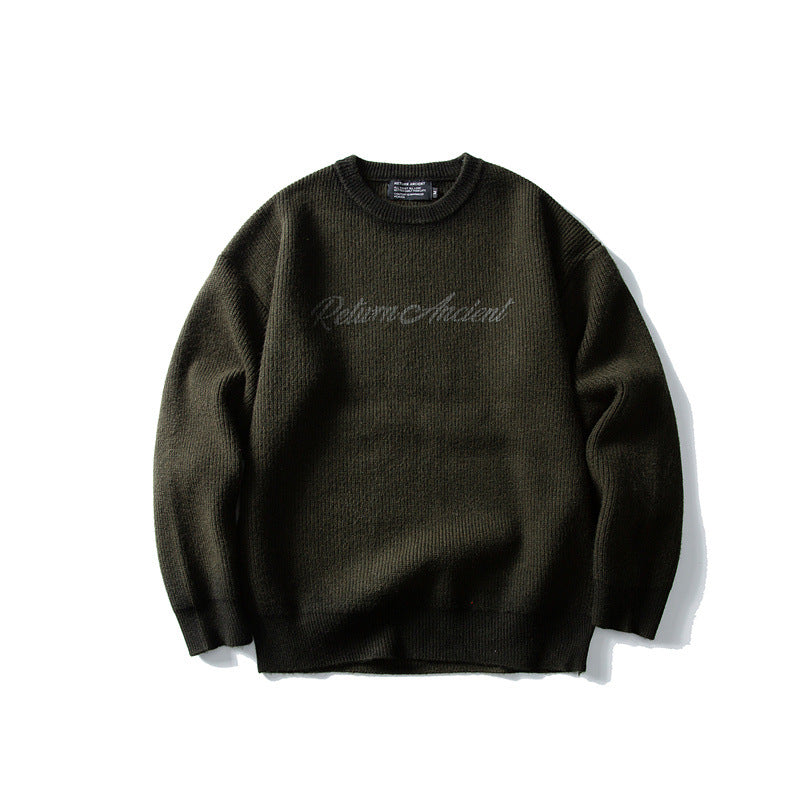 Trend Round Neck Knit Sweater Men Loose Casual Color Block Letter Sweater eprolo