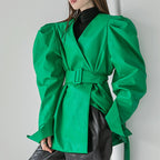 Lautaro Spring Green Pu Leather Jackets for Women with Puff Long Sleeve Belt Runway Stylish Luxury Designer Clothes eprolo