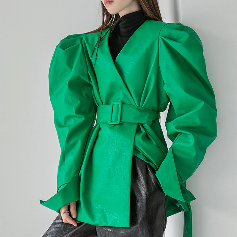 Lautaro Spring Green Pu Leather Jackets for Women with Puff Long Sleeve Belt Runway Stylish Luxury Designer Clothes eprolo