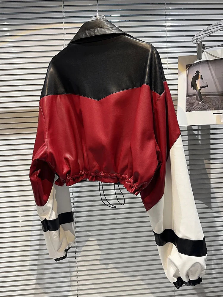 Fashion Contrast Color Patchwork Motorcycle Leather Jacket For Women Long Sleeve Lapel Zipper Coat  Autumn New eprolo
