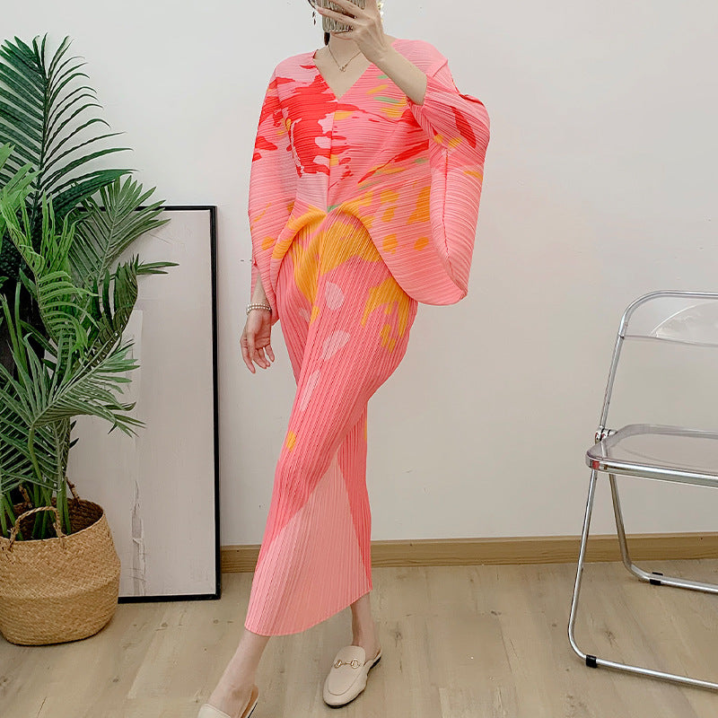 V-neck Bat Sleeve Maxi Pleated Dress Summer New Women's Elegant Retro Style Print Festival Dresses Clothing eprolo