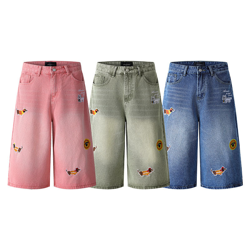 Jeans with Dog Applique Embroidery, Loose Straight Leg Denim Pants for Men and Women eprolo
