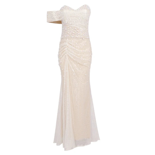 Wedding Dress For Women Elegant Off Shoulder Short Sleeves Pearl Sequins Design Sparkling Maxi Long Gown eprolo