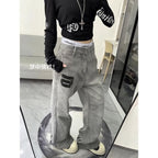 High Street Vibe Letter Print Jeans Women West Coast American Style Vintage Distressed Straight Leg Long Pants eprolo