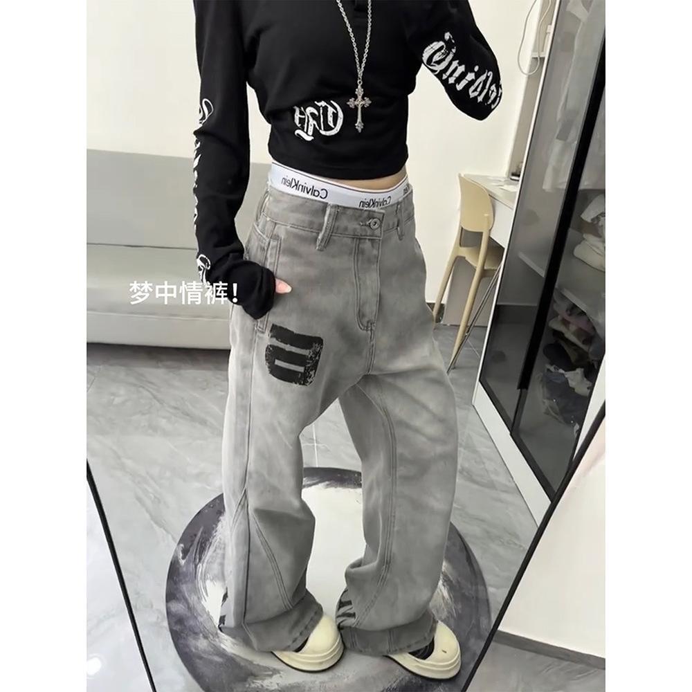 High Street Vibe Letter Print Jeans Women West Coast American Style Vintage Distressed Straight Leg Long Pants eprolo