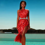Stylish High Waist Feather Design Red Sequins Dress Sexy One Shoulder Diagonal Collar Celebrity Party Club Dress eprolo