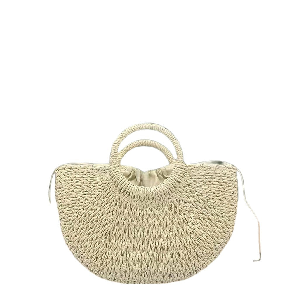 Medium straw woven semi-circular handbag, moon bag, leisure vacation double circular handle woven tote bag eprolo