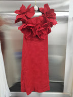This French-inspired maxi dress features a striking one-shoulder design with floral patchwork and a fitted waist. eprolo
