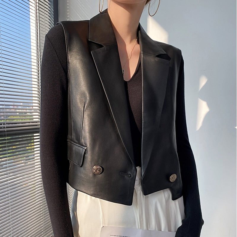 French Fashion Genuine Leather Vest For Women Female Loose Sleeveless Jacket Soft Chic Gilet Short Suit eprolo