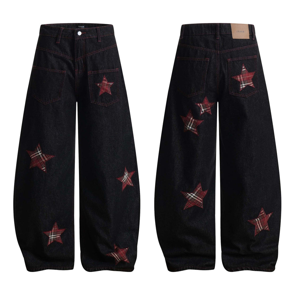 High Street Striped Star Patchwork Wide-Leg Jeans for Men and Women Loose Fit Trousers eprolo
