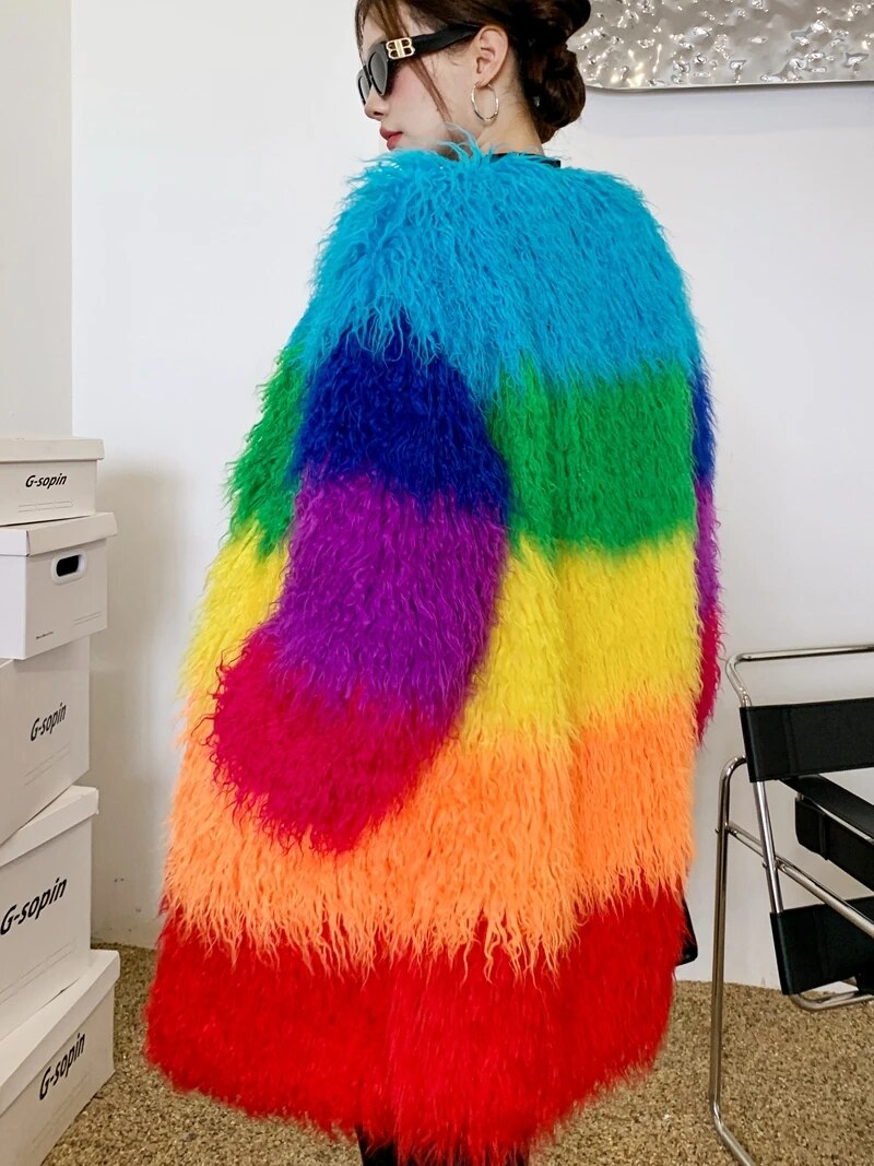 Niche Rainbow Winter Faux Fur Coat Loose Splicing Contrast Color Long Jacket Shaggy Outerwear Women's Clothing Free Shipping eprolo