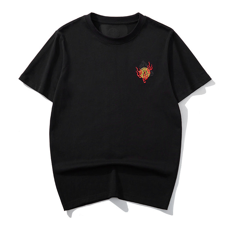 Black thread embroidery dragon pattern short sleeved T-shirt round neck pure cotton breathable top for men's fashion eprolo