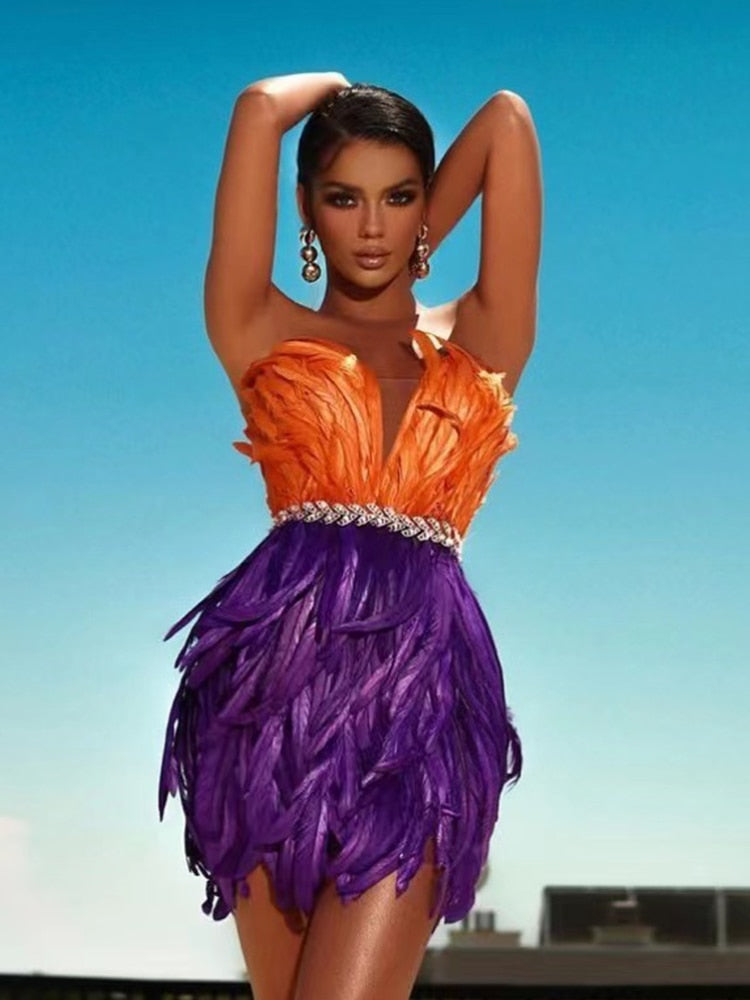 PB Stylish High Waist Feather Crystal Design Mini Dress Sexy Strapless Sleeveless Celebrity Party Club eprolo