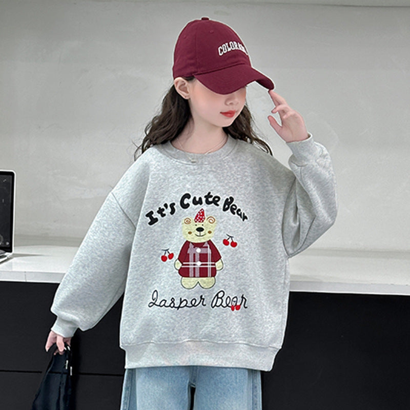 Girls' Autumn/Winter Simple Korean-Style Hoodie Round Neck Fleece-Lined Thickened Base LayerPure Cotton Top Trendy Kids Clothing eprolo