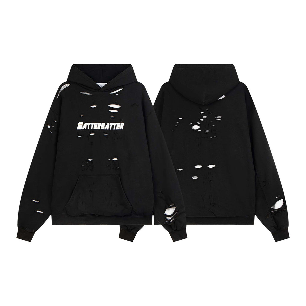 Washed Distressed Hole Letter Print Hoodie Unisex  Loose Casual Hip Hop Sweatshirt eprolo
