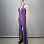 Sexy Women's Backless Off-the-Shoulder Sequined Casual Pleated Long Fitted Party Dress eprolo